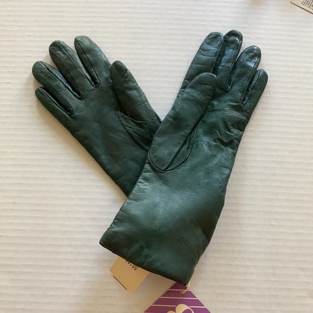 GTANDOE VTG green leather / cashmere lining gloves Sz 7 NWT
